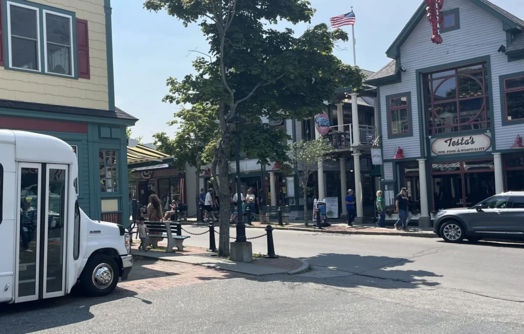 The Classic Tour bus waiting on Main Street outside Testa's in downtown Bar Harbor
