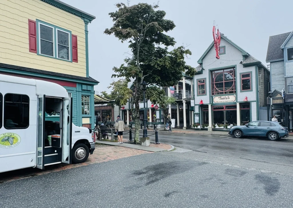 An Acadia National Park Tours bus parked on a wet Main Street in downtown Bar Harbor