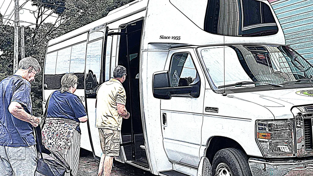 Illustrated view of guests boarding an Acadia National Park Tours coach marked Since 1955