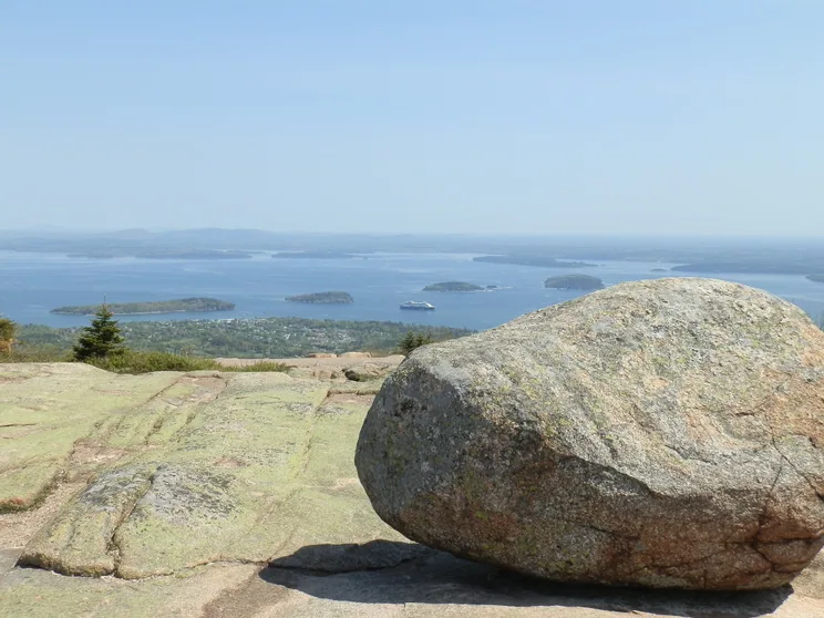 A granite glacial erratic on the Cadillac Mountain summit above Frenchman Bay and the Porcupine Islands