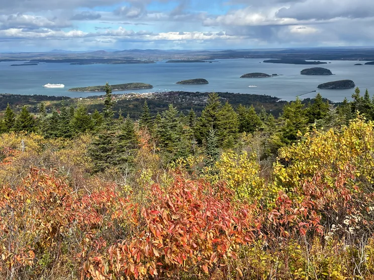 Autumn view from the Cadillac Mountain summit across Bar Harbor and Frenchman Bay